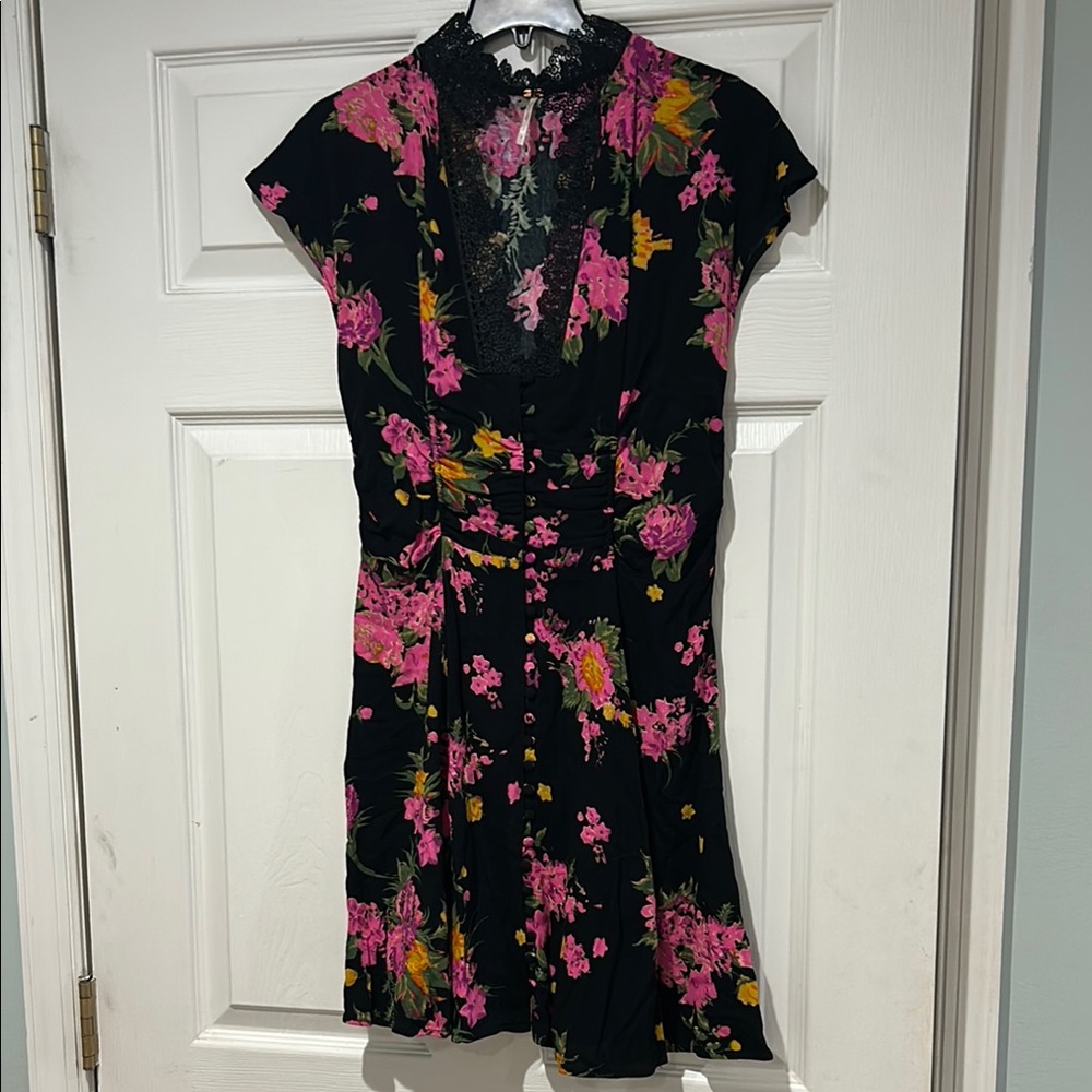 Free People Black Mini Dress with Pink & Yellow Floral Accents